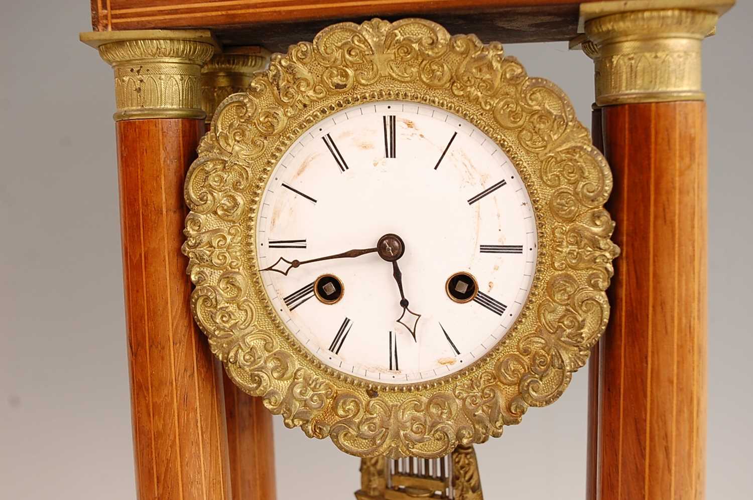 A late 19th century French rosewood and marquetry inlaid portico clock, the unsigned white enamel - Image 2 of 5