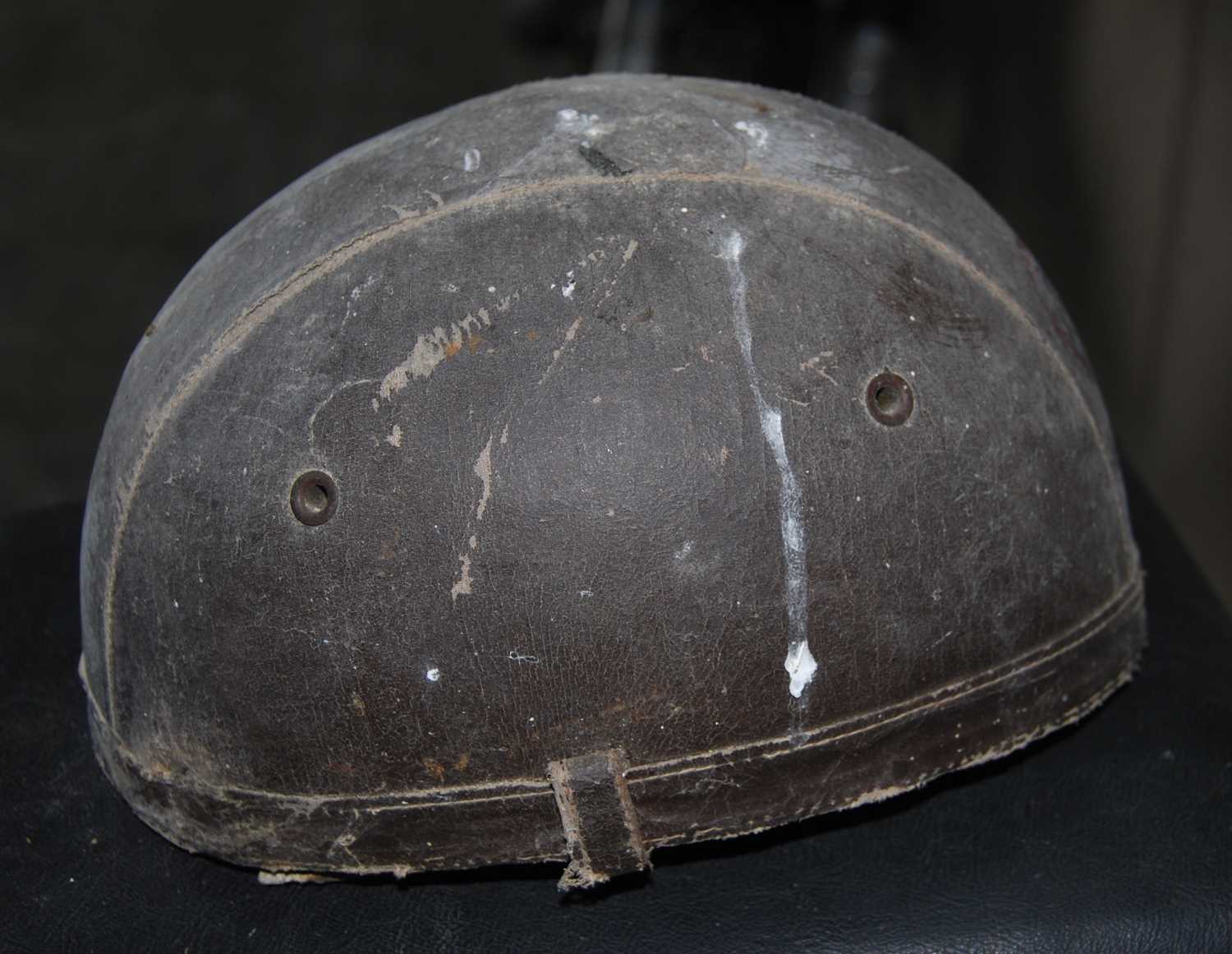 A circa 1920s leather motorcycle helmet, bearing Manx Man logo - Image 2 of 2