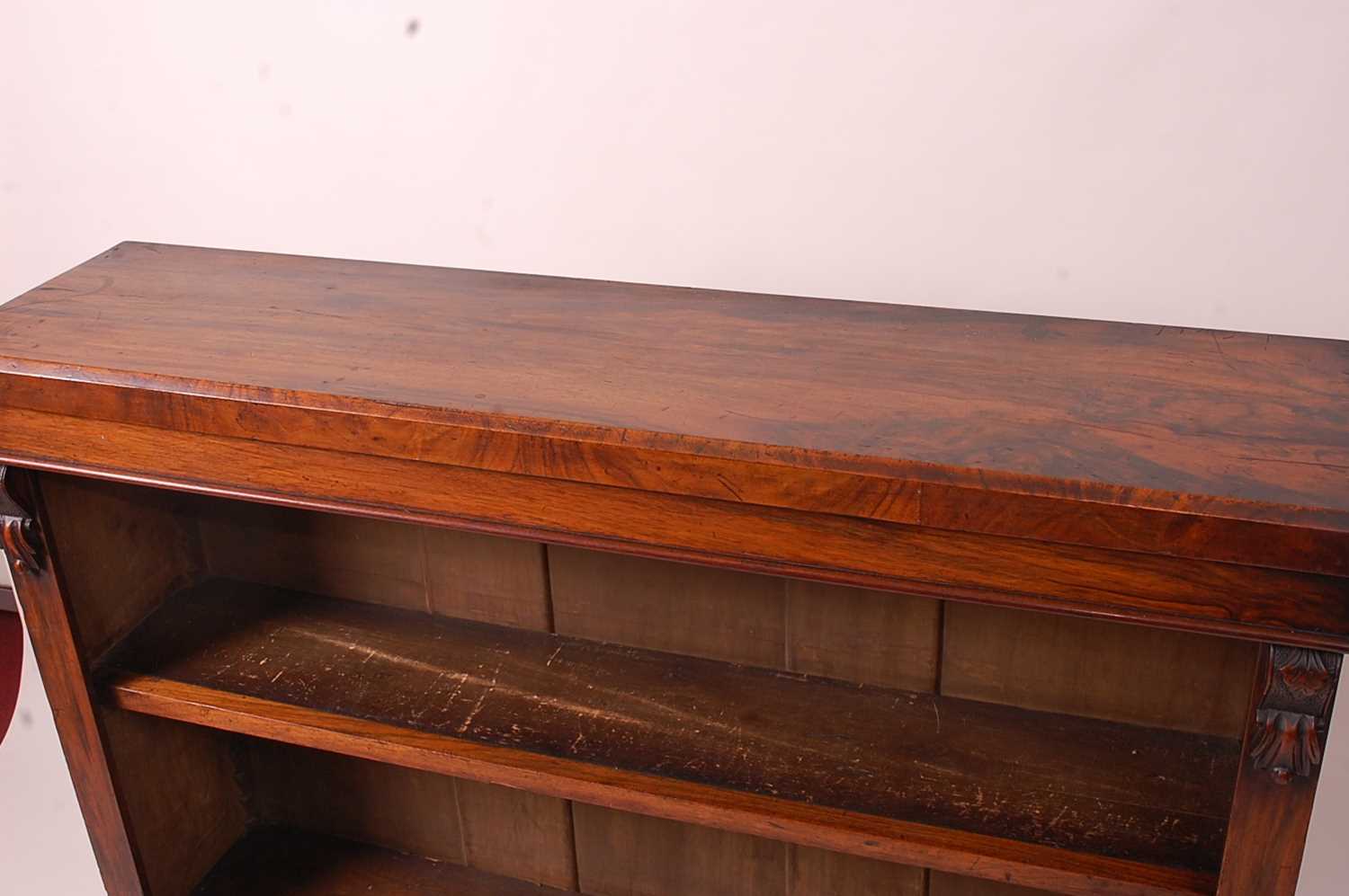 A Victorian walnut freestanding open bookshelf, having moulded pilasters and raised upon a plinth, - Image 2 of 4