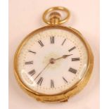 A continental lady's yellow metal cased open faced pocket watch, having a jewelled white enamel dial