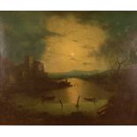 Attributed to Abraham Pether (1756-1812) - River scene at moonlight, oil on canvas (re-lined), 62