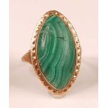 A yellow metal Georgian malachite memorial ring, comprising a 26 x 18mm marquise shaped malachite