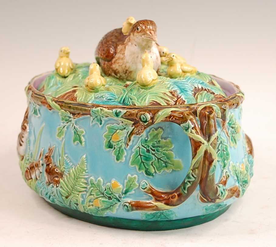 A Victorian George Jones majolica two-handled oval game pie tureen and cover, the cover decorated - Image 4 of 11