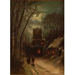 Thomas Smythe (1825-1906) - Figures in a moonlit winter landscape, oil on canvas, indistinctly