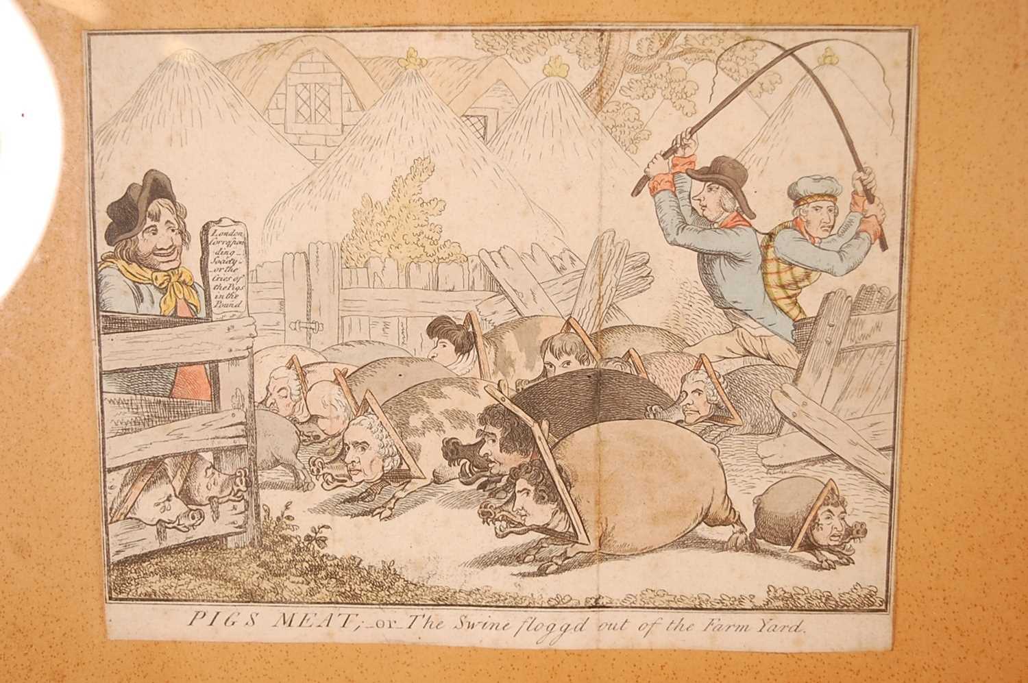 Six late French Revolution era British satirical hand-coloured etchings framed as two triptychs, - Image 3 of 8