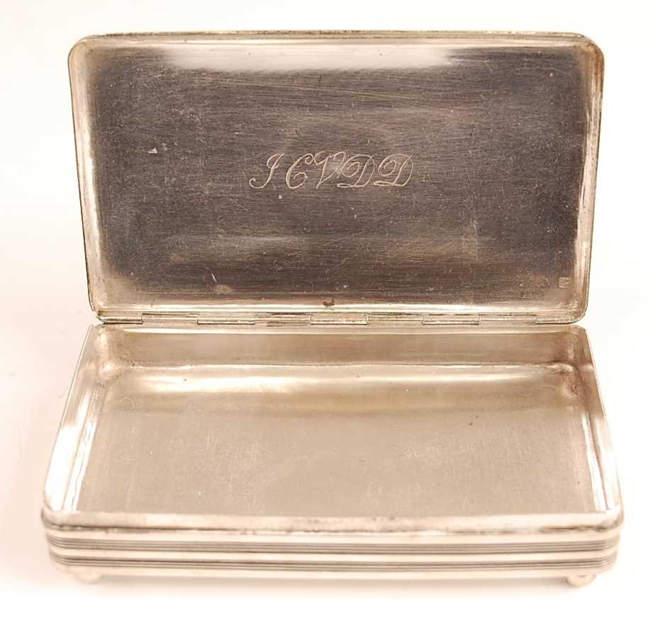 A 19th century Dutch silver tobacco box, having engine turned hinged cover and reeded banded - Image 4 of 5