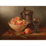 Brian Davies (1942-2004) - Still life with peaches, cherries and a pewter flagon, oil on canvas,