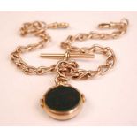 A 9ct gold oval curblink watch chain, having T bar and 9ct gold mounted agate and bloodstone