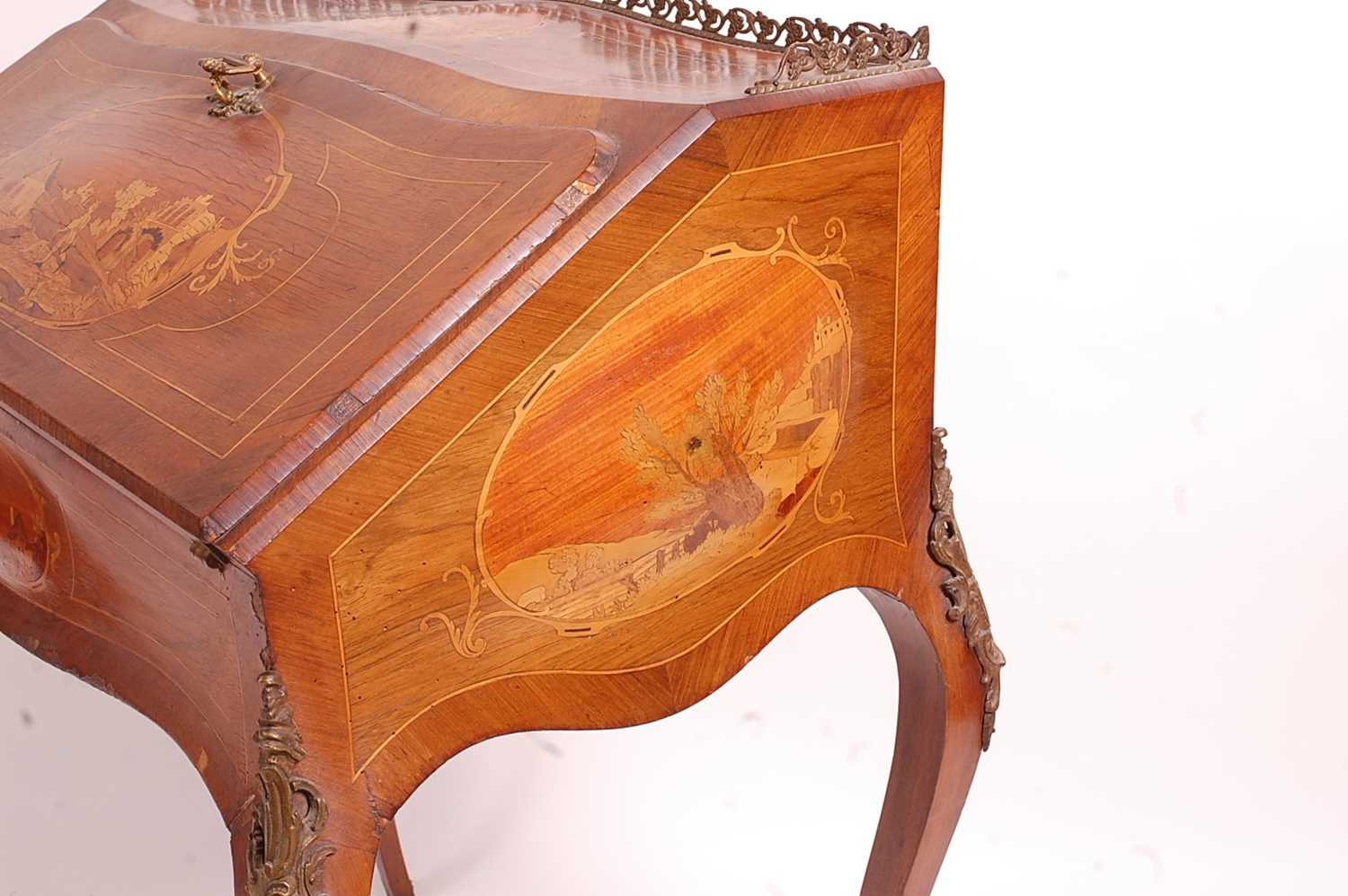 A circa 1900 continental rosewood Bureau de Dame, of slender bombe form, the fall being marquetry - Image 6 of 7