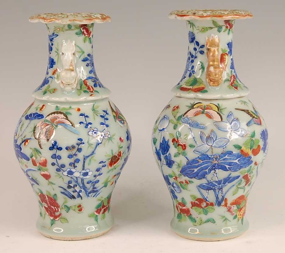 A pair of 19th century Chinese stoneware celadon ground vases, each enamel decorated with exotic - Image 2 of 24