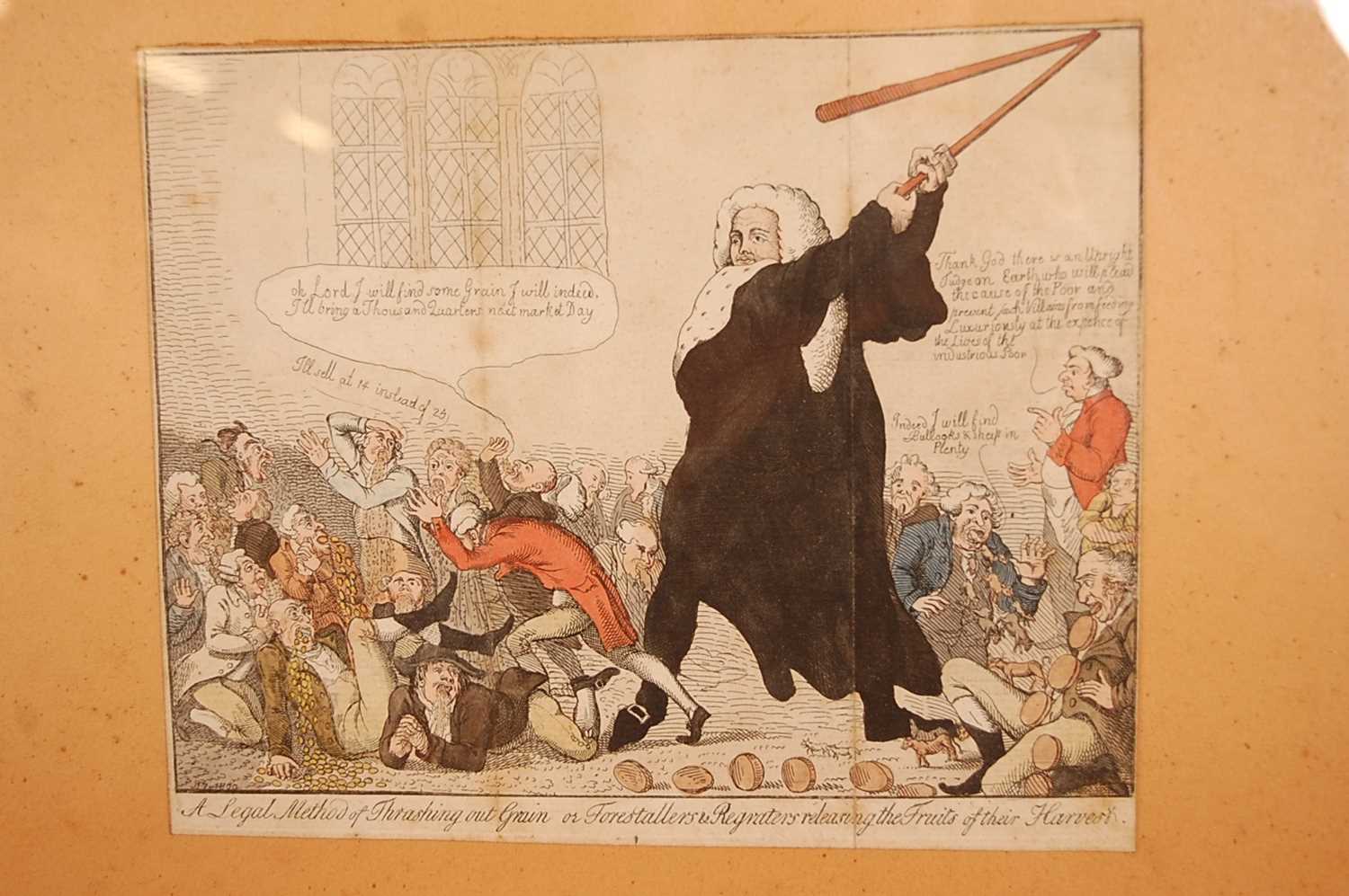 Six late French Revolution era British satirical hand-coloured etchings framed as two triptychs, - Image 7 of 8