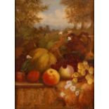 E Mondy - Still life with fruit and terracotta jug in a landscape, oil on canvas, signed and dated