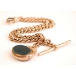 A 9ct gold curb and belcher link double watch chain, with T bar, having agate and bloodstone set