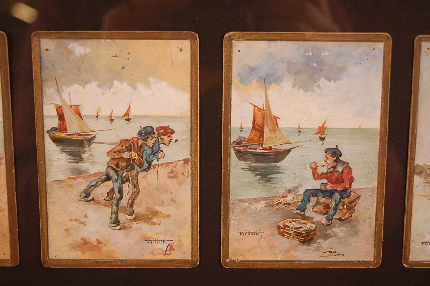 F. Villetti (Italian 19th century) - a set of eighteen humorous watercolours on card, each with gilt - Image 7 of 11