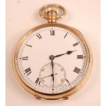 A George V 9ct gold cased gent's open faced pocket watch, having white enamel dial with Roman