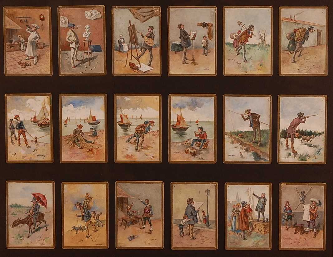 F. Villetti (Italian 19th century) - a set of eighteen humorous watercolours on card, each with gilt