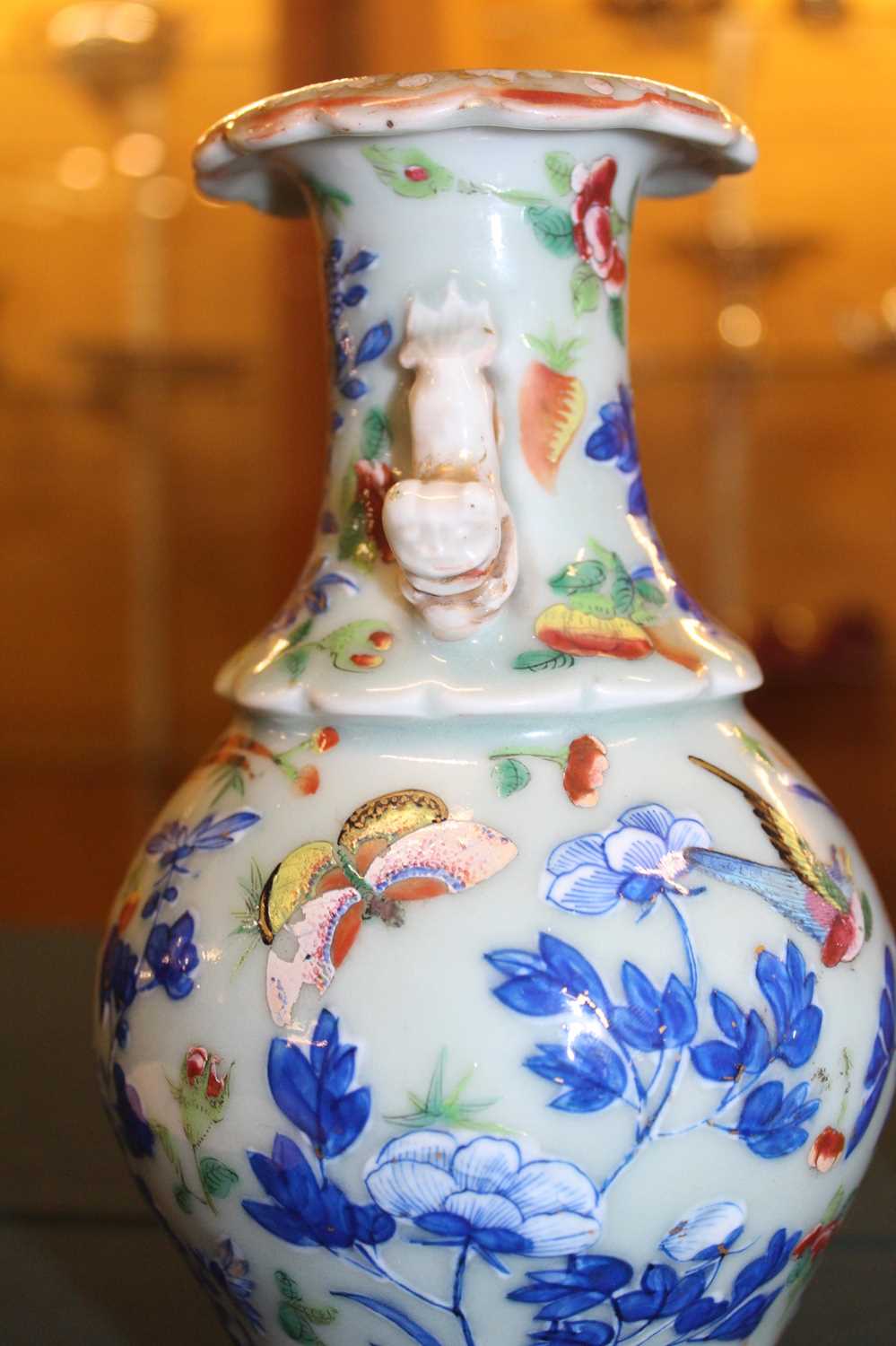 A pair of 19th century Chinese stoneware celadon ground vases, each enamel decorated with exotic - Image 11 of 24