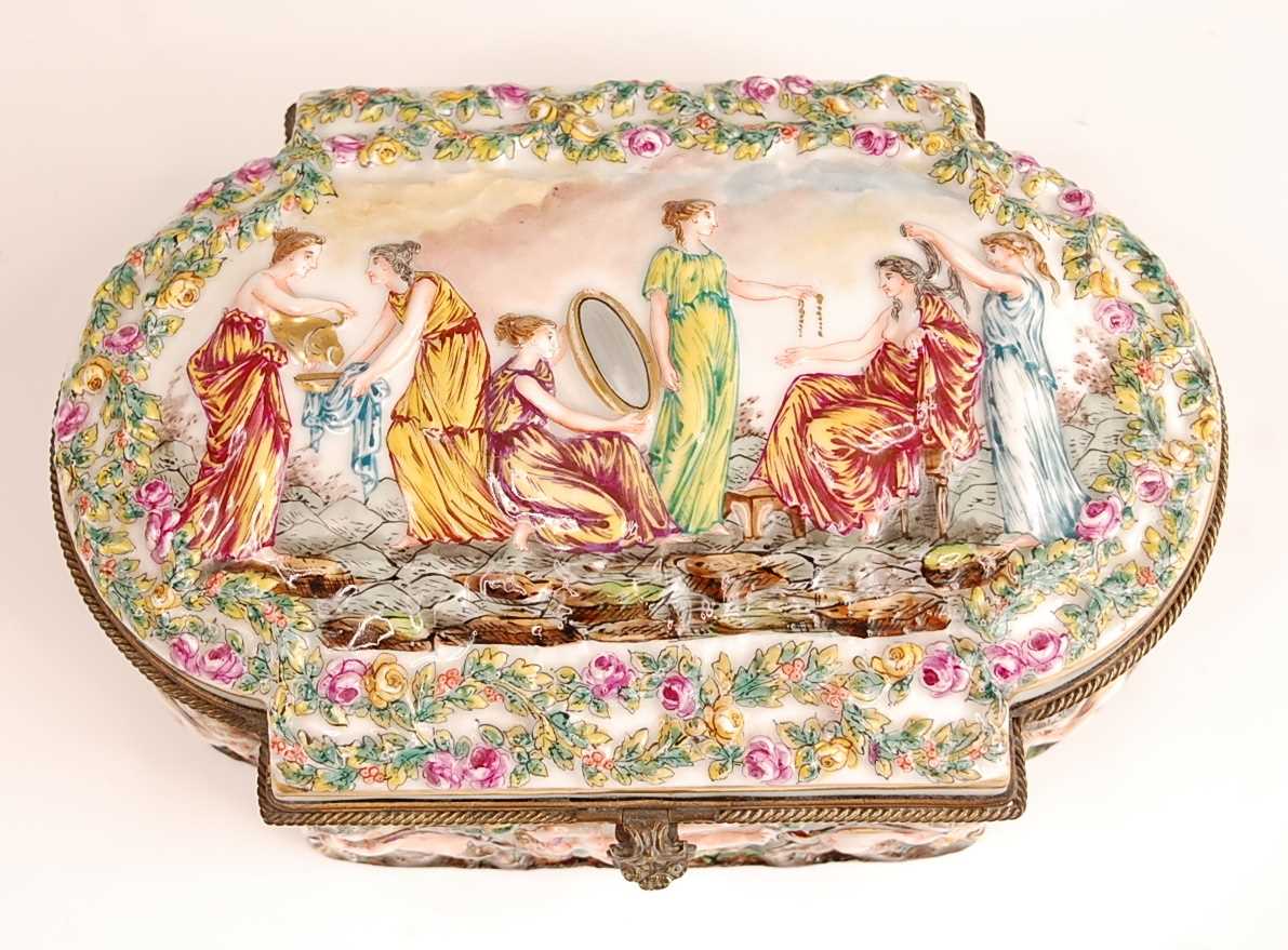 A Naples porcelain casket, having hinged cover and gilt brass mounts, the cover relief decorated - Image 2 of 6