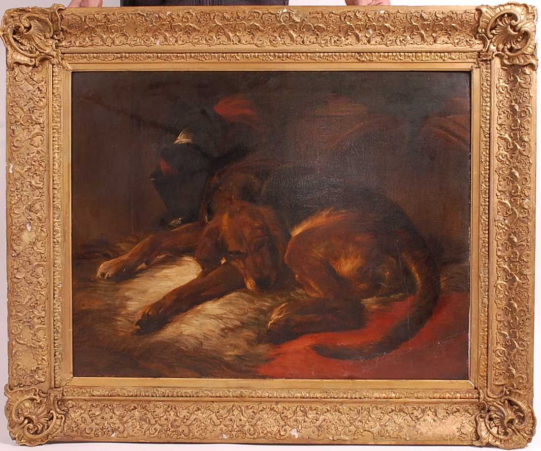 Circle of Edwin Landseer (1802-1873)- Snoozing hound, oil on canvas (re-lined), 70 x 91cm - Image 2 of 3