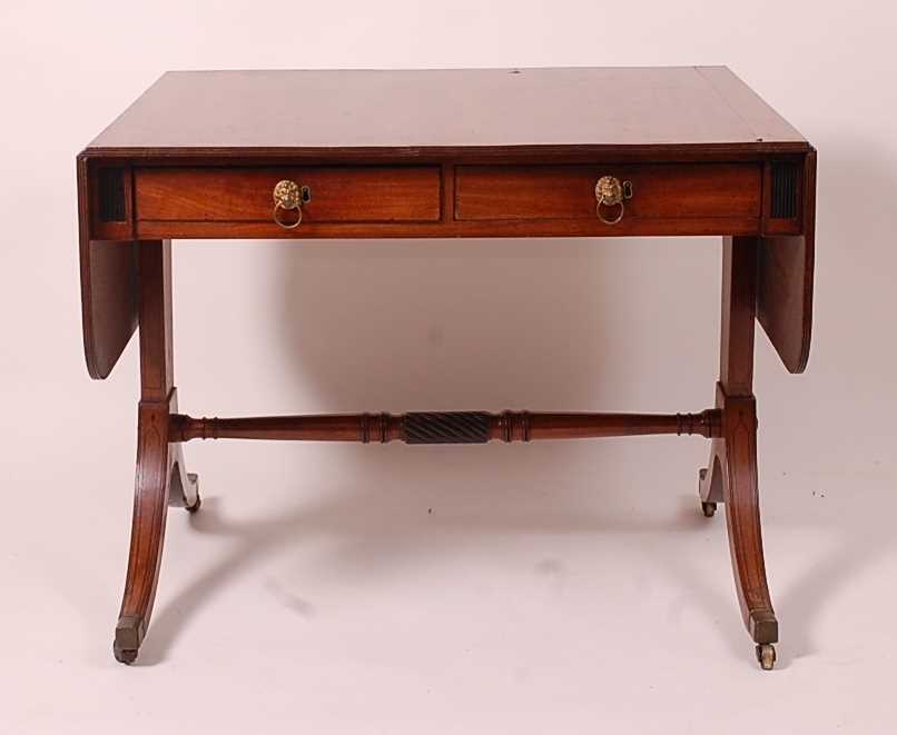 A Regency mahogany and ebony strung sofa table, having two real and two dummy frieze drawers, each - Image 6 of 6
