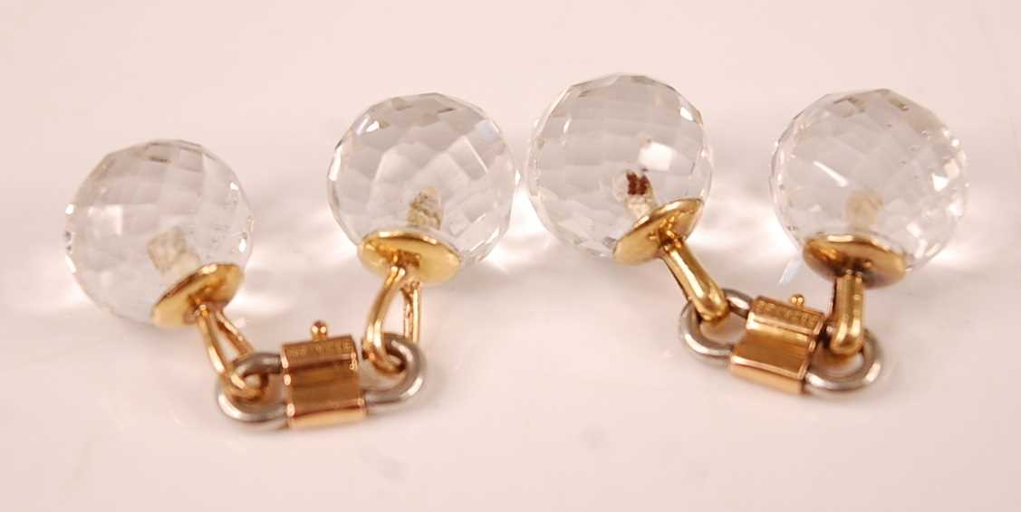 A pair of yellow and white metal double-ended cufflinks, each with two 21mm diameter faceted rock - Image 2 of 2