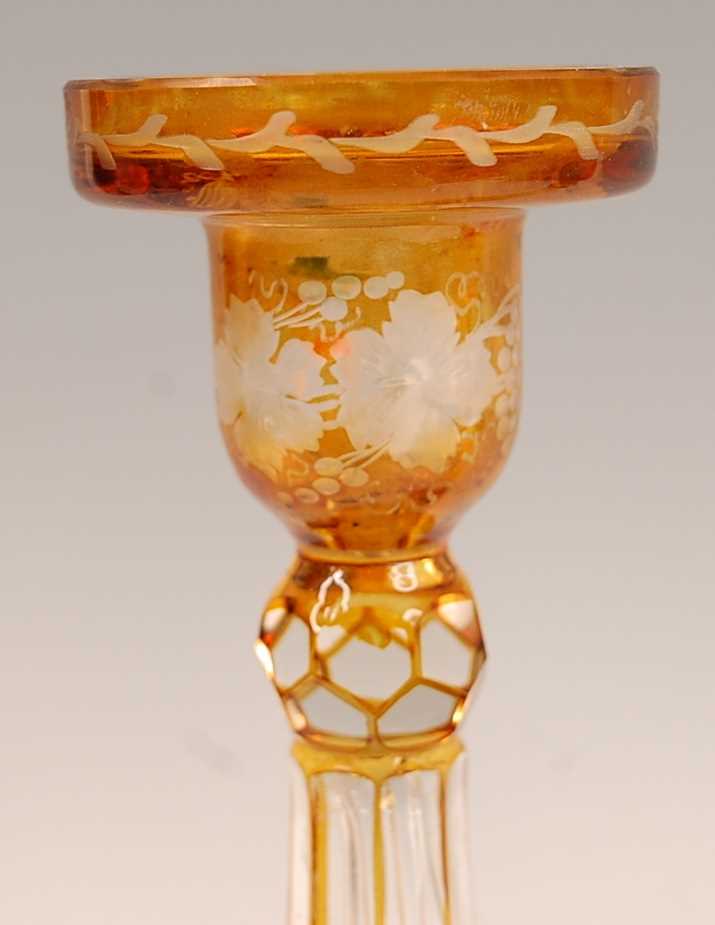 A pair of Bohemian cut and amber flash glass candle-holders, each further acid etched with - Image 2 of 3