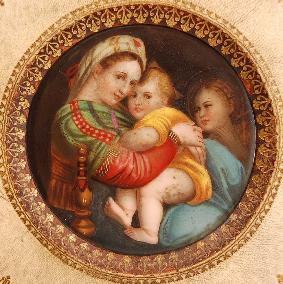 19th century continental school - Madonna and Child, miniature on porcelain, dia.9cm, housed in a - Image 2 of 3