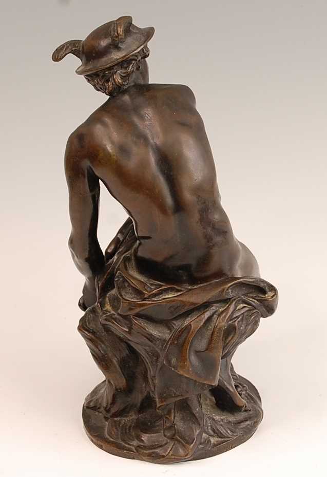 A late 19th century French bronze figure of Mercury, signed to edge of base Delafontaine, dark-brown - Image 2 of 4