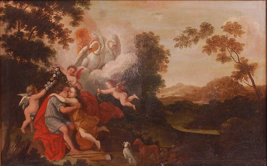 18th century continental school - Allegorical landscape scene, oil on canvas (re-lined and re-