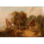 19th century Norwich school - Norfolk landscape with cattle watering and thatched cottage by a