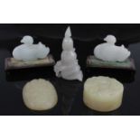Five carved Nephrite 'mutton fat' jade carved pieces, comprising two duck figures drilled and on