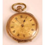 A lady's 9ct gold pocket watch, having an unsigned gilded dial with Roman numerals, profusely