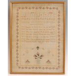 Elizabeth Marsden - a late Georgian needlework alphabet, verse and picture sampler, signed and dated