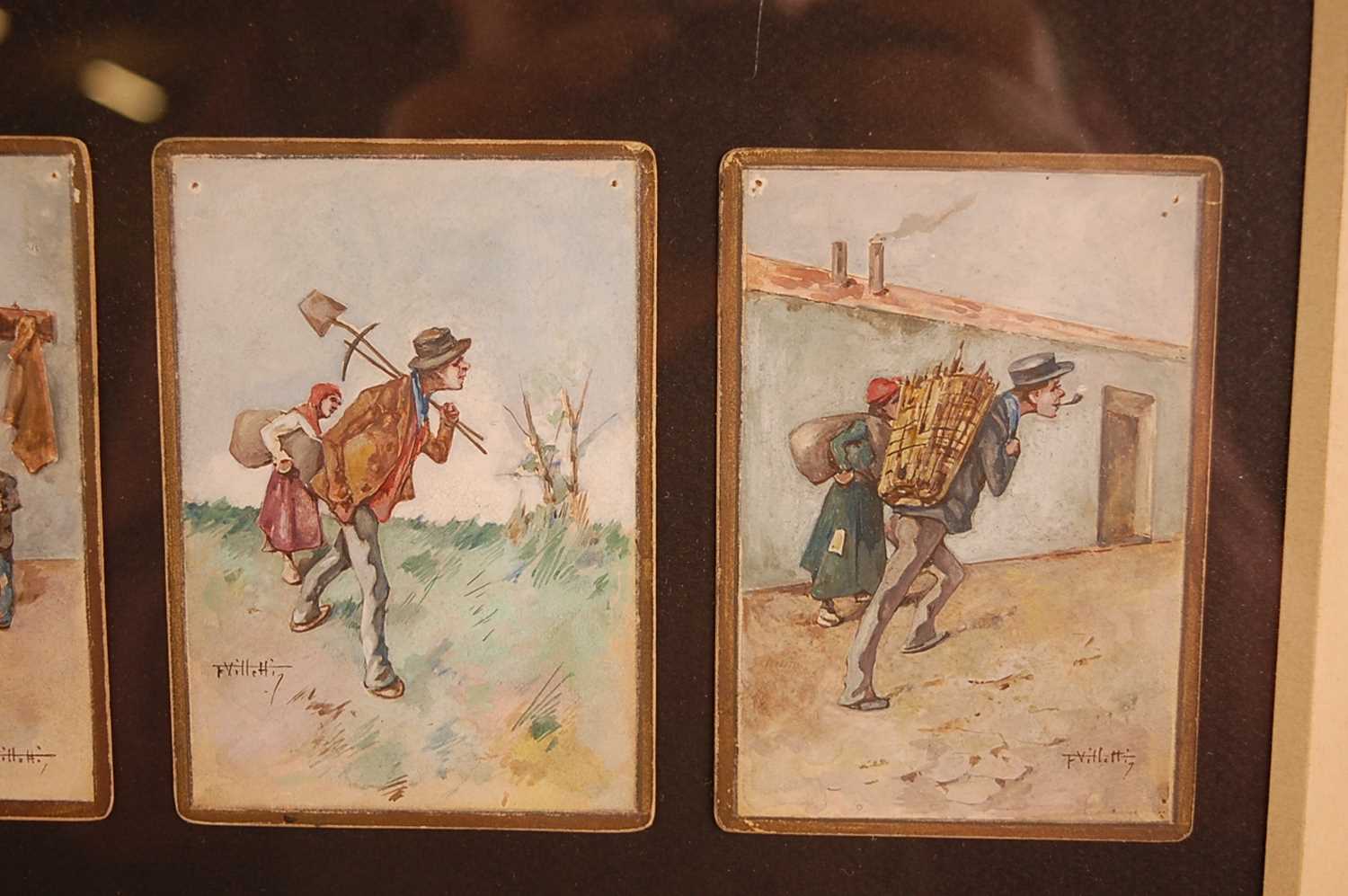 F. Villetti (Italian 19th century) - a set of eighteen humorous watercolours on card, each with gilt - Image 5 of 11