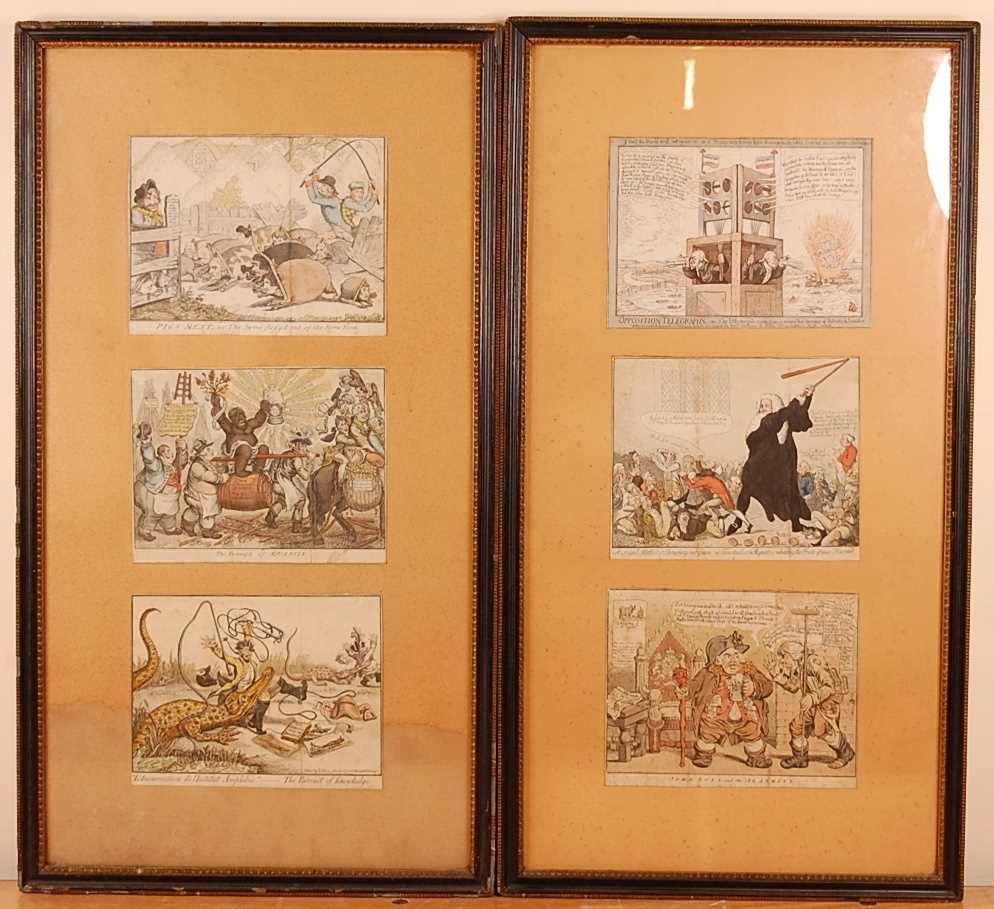 Six late French Revolution era British satirical hand-coloured etchings framed as two triptychs, - Image 2 of 8