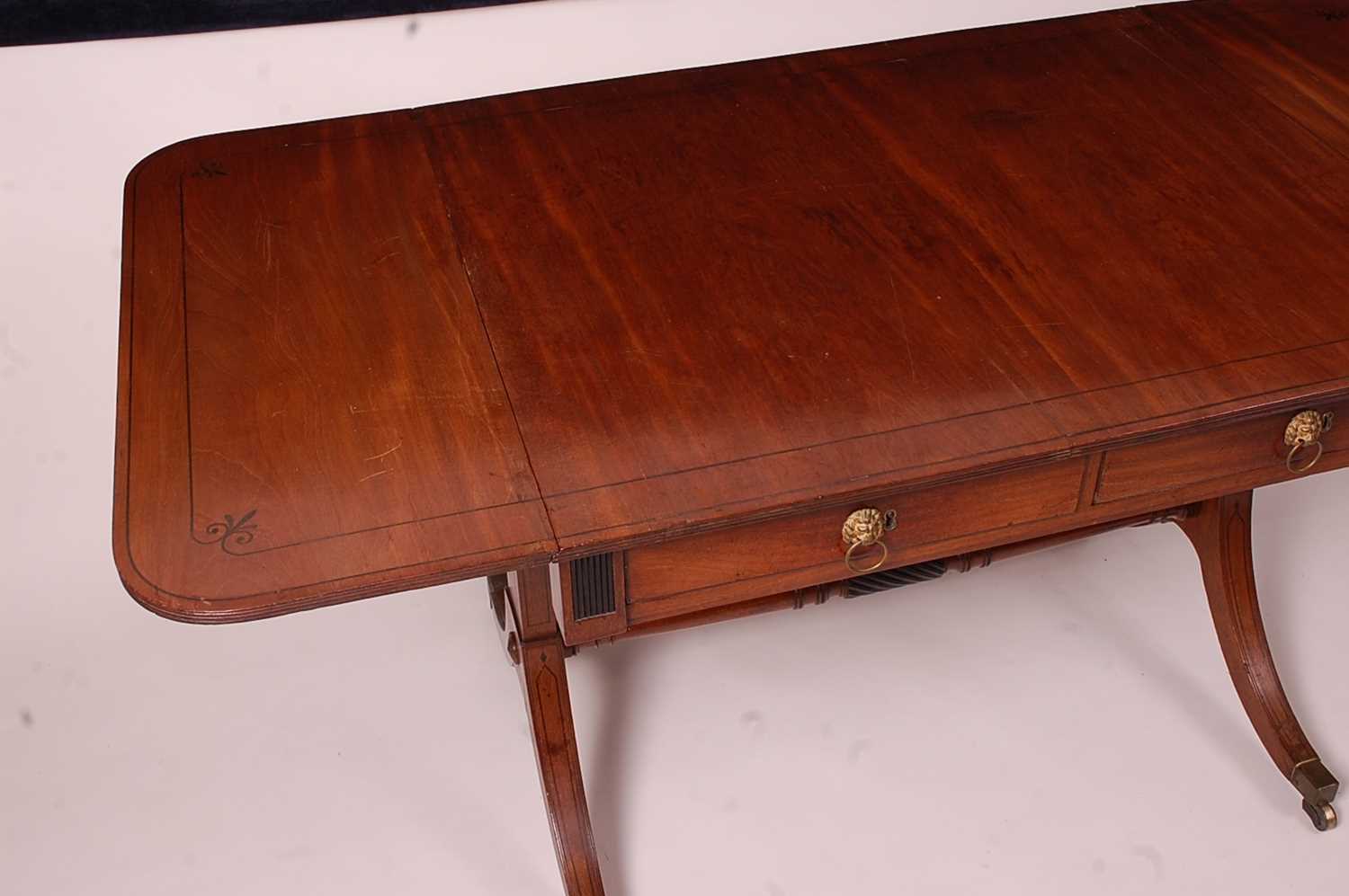 A Regency mahogany and ebony strung sofa table, having two real and two dummy frieze drawers, each - Image 2 of 6