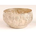 An Indian white metal bowl, the whole decorated with figure scenes, circa 1900, 117g, dia.10.5cm