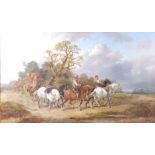 Alexis de Leeuw (Belgian c1822-1900) - Travellers with a string of horses in a landscape, oil on