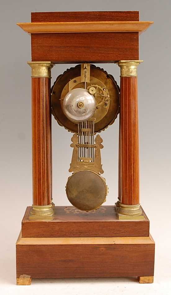 A late 19th century French rosewood and marquetry inlaid portico clock, the unsigned white enamel - Image 4 of 5