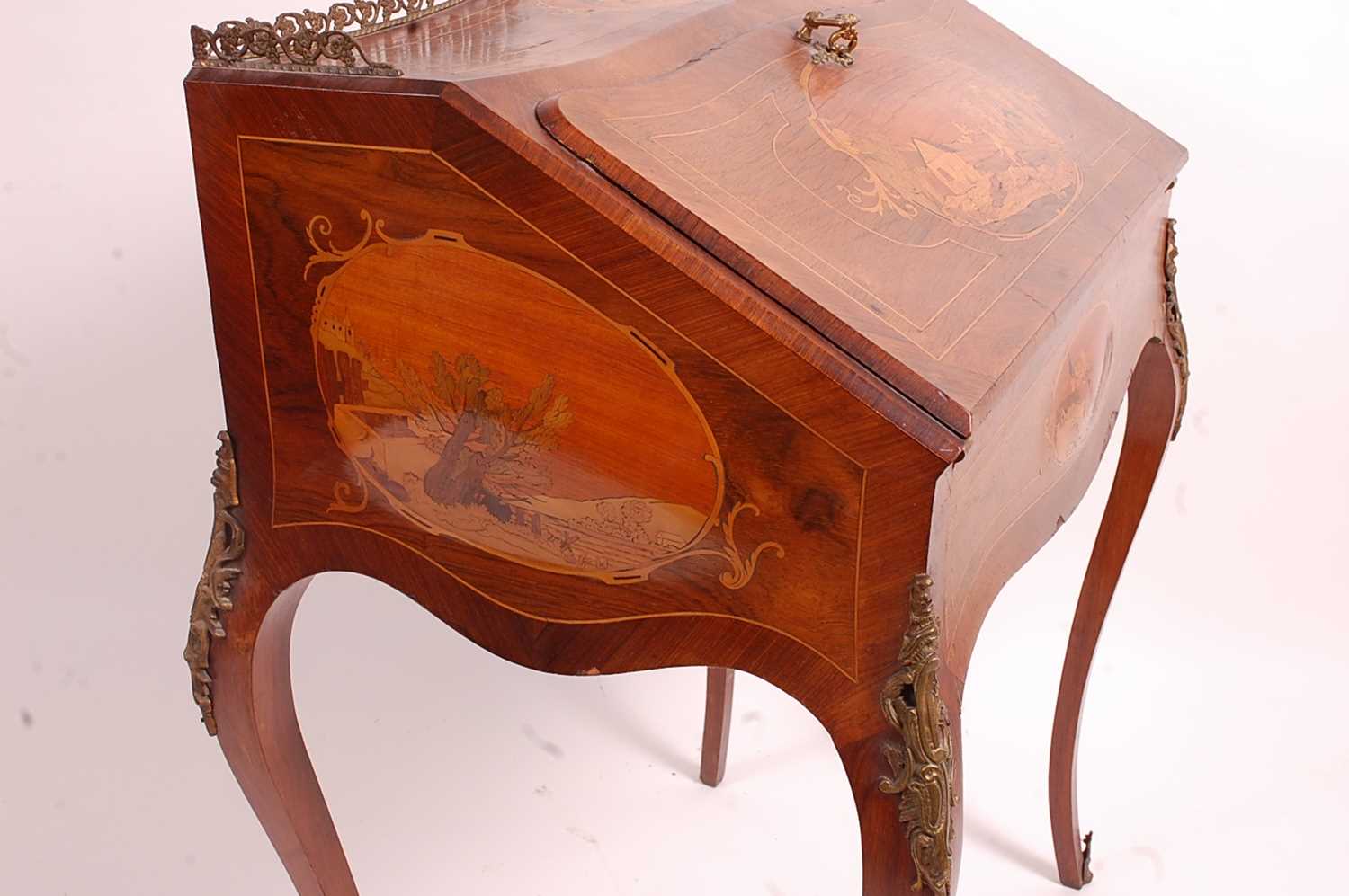 A circa 1900 continental rosewood Bureau de Dame, of slender bombe form, the fall being marquetry - Image 7 of 7