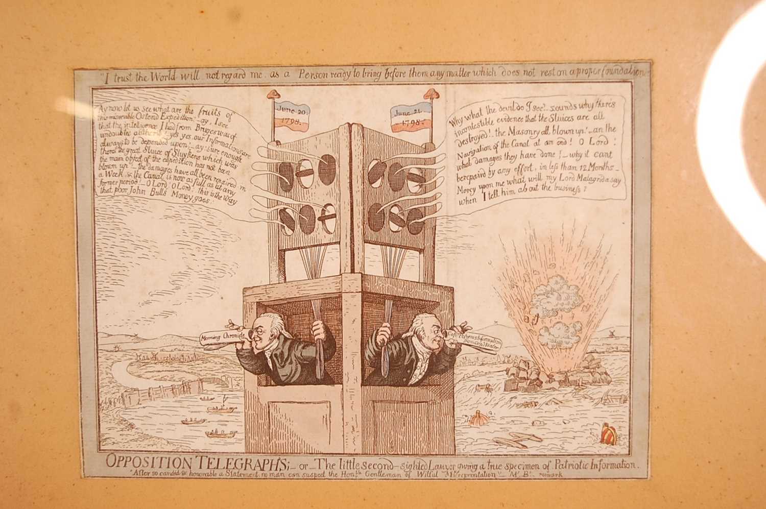 Six late French Revolution era British satirical hand-coloured etchings framed as two triptychs, - Image 6 of 8