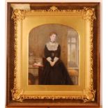 19th century English school - Three-quarter length portrait of a woman, wearing a black dress, large