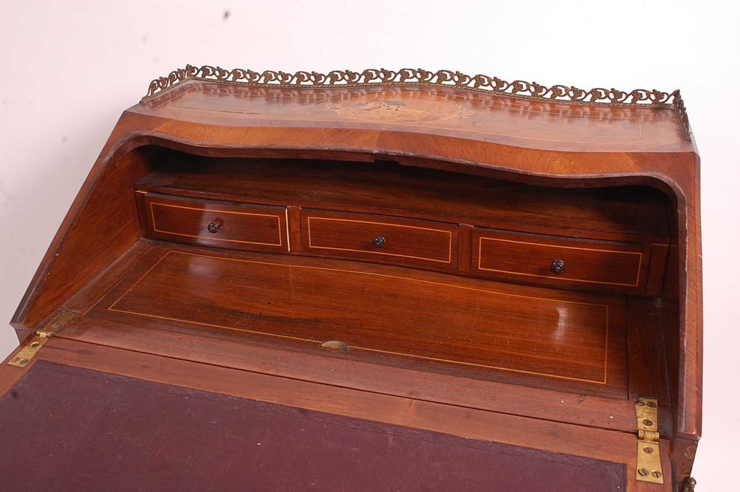 A circa 1900 continental rosewood Bureau de Dame, of slender bombe form, the fall being marquetry - Image 3 of 7