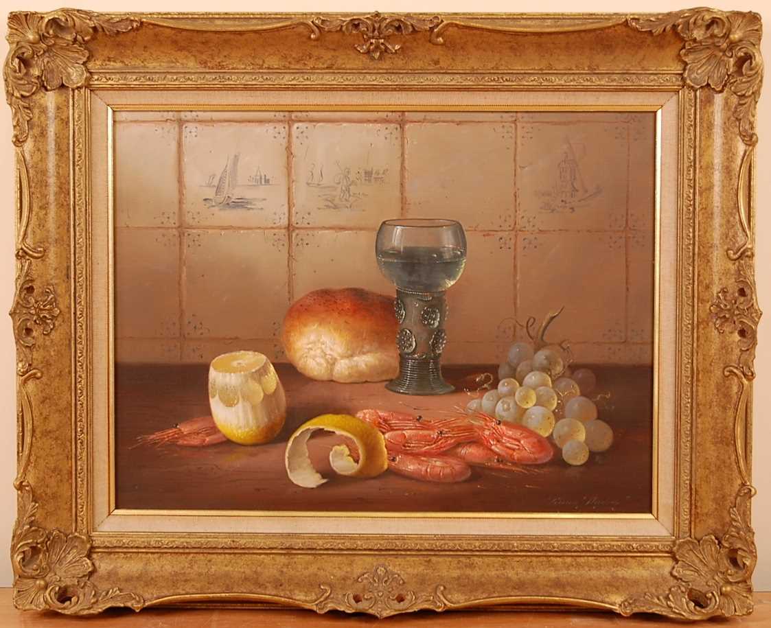 Brian Davies (1942-2004) - Still life with shrimps, lemon and grapes, oil on canvas, signed lower - Image 2 of 4