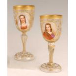 A pair of 19th century Bohemian overlaid glass pedestal goblets, each enamel decorated with bust