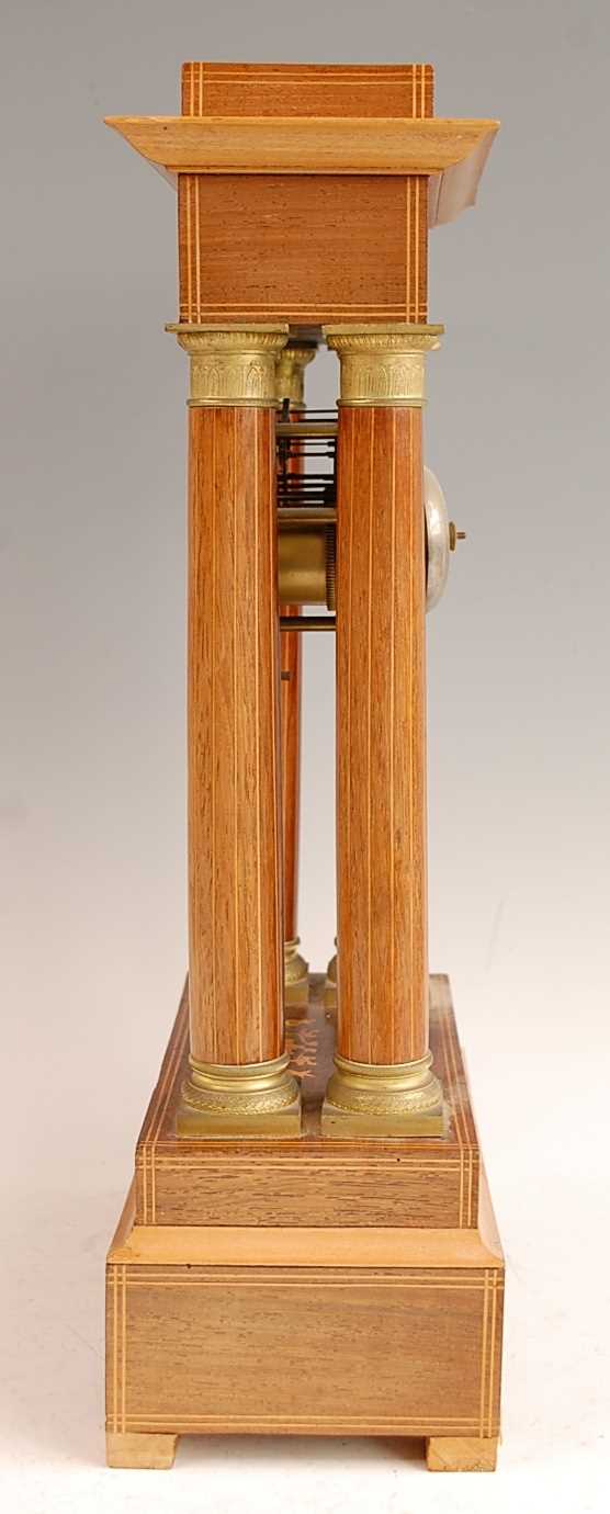 A late 19th century French rosewood and marquetry inlaid portico clock, the unsigned white enamel - Image 3 of 5