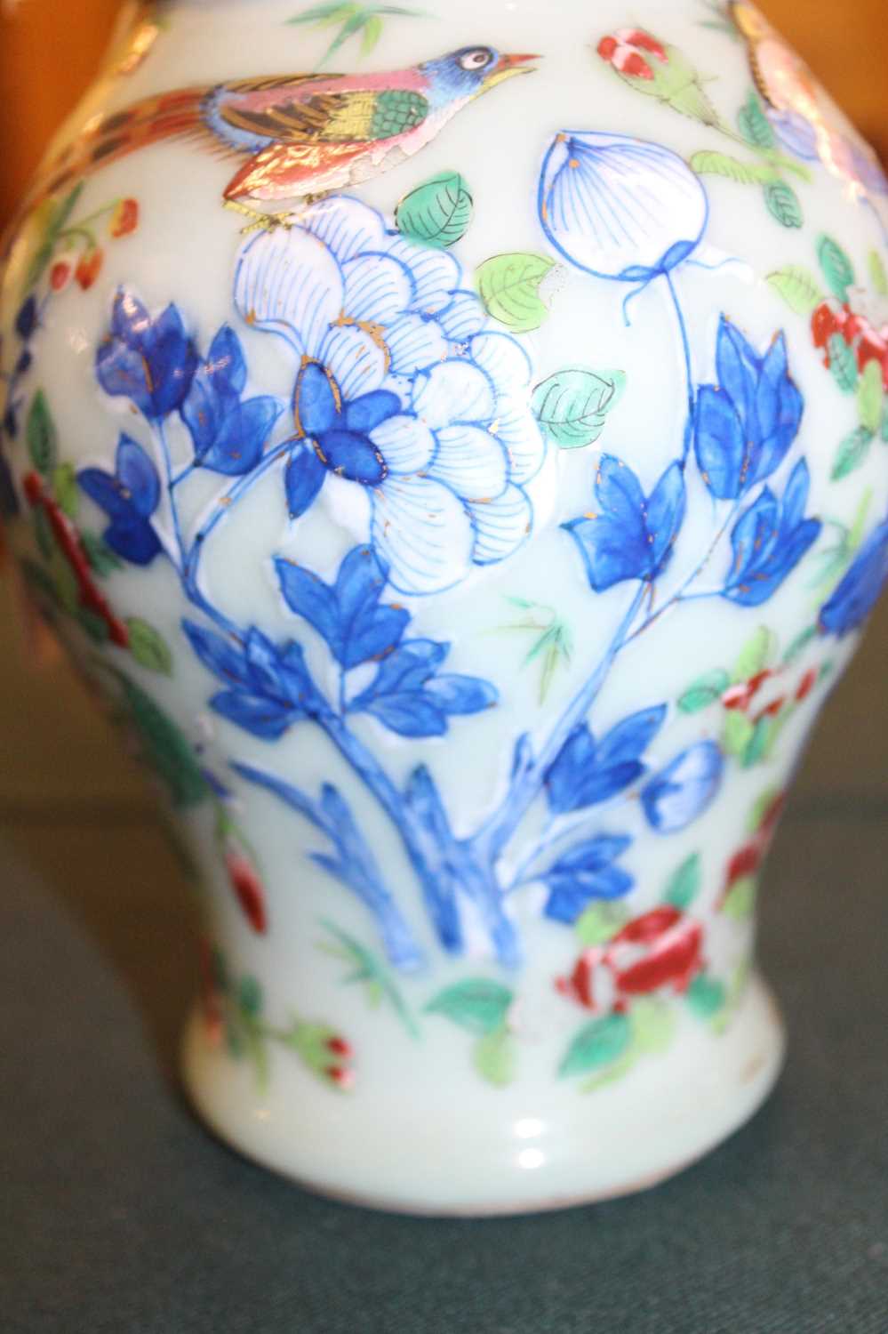 A pair of 19th century Chinese stoneware celadon ground vases, each enamel decorated with exotic - Image 20 of 24