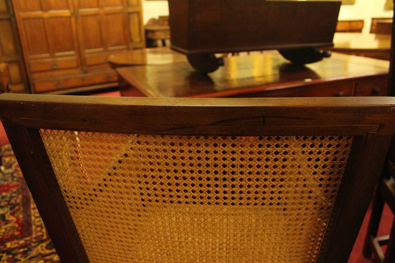 A 19th century mahogany Bergere library chair, having split cane back, side and seat, raised on ring - Image 10 of 10