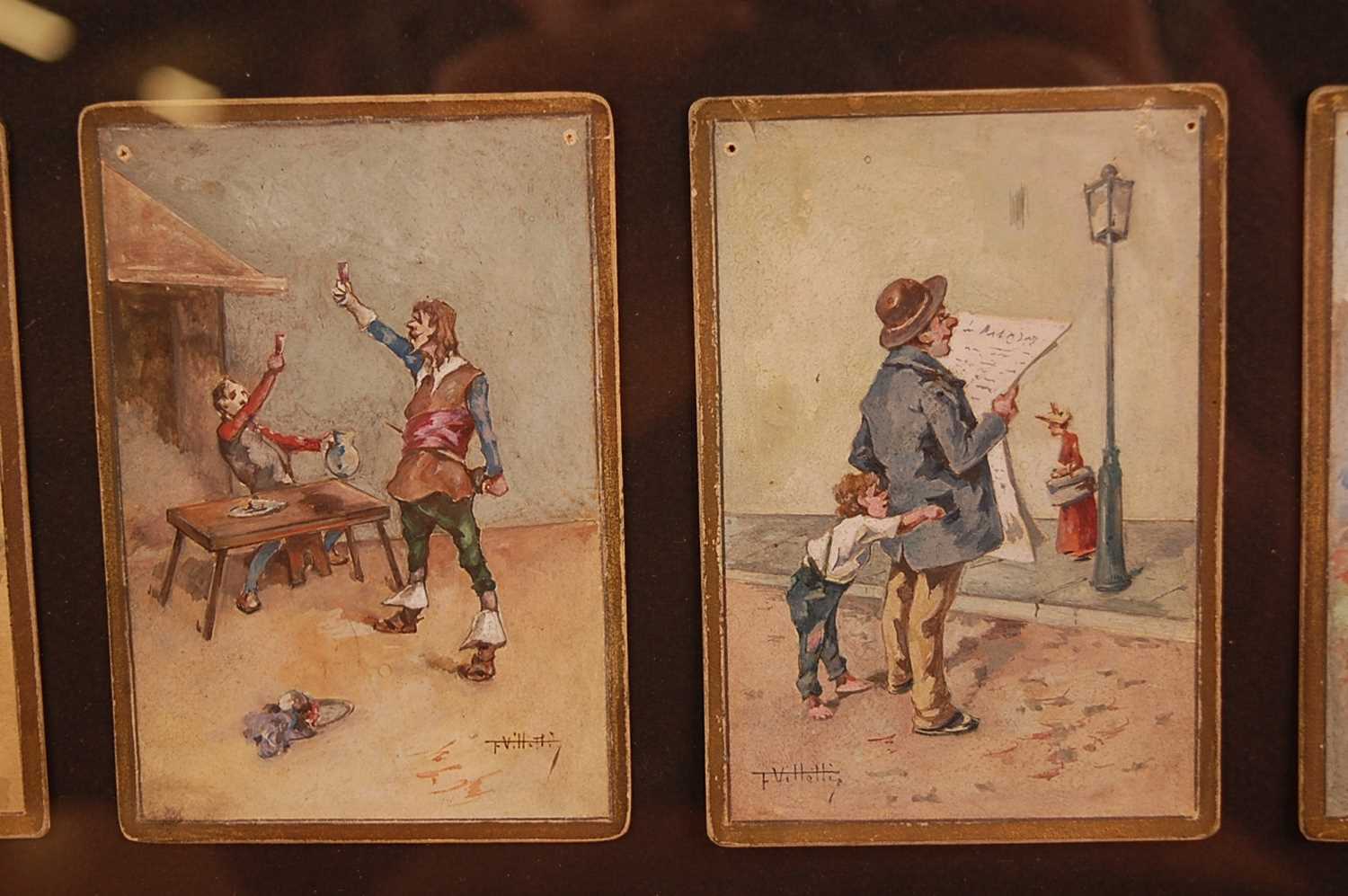 F. Villetti (Italian 19th century) - a set of eighteen humorous watercolours on card, each with gilt - Image 10 of 11