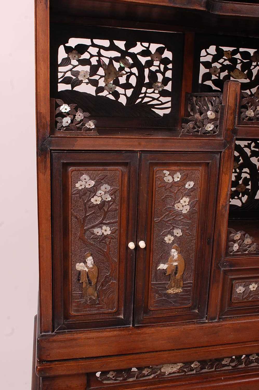 A Japanese Meiji period hardwood Shodana cabinet on stand, arranged as various cupboards and open - Image 5 of 7
